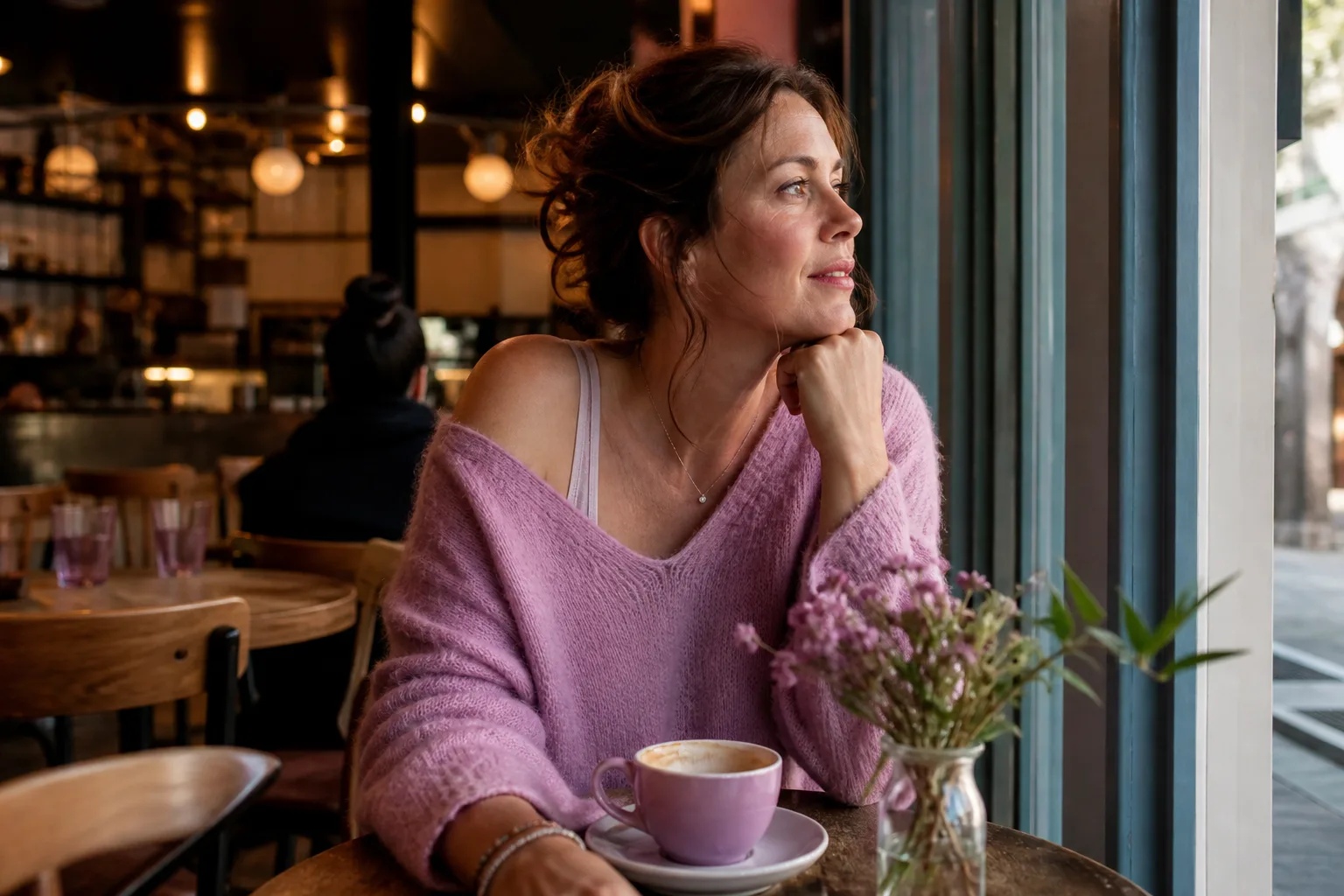 Two adults talking over coffee at an outdoor table in Kent