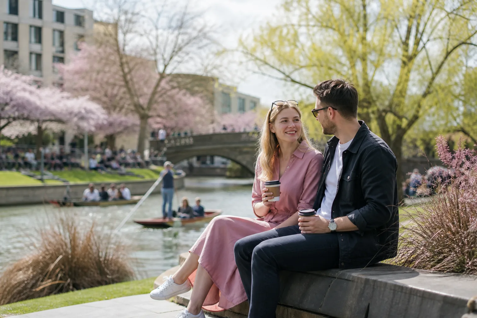 Two people talking beside the River Stour in Canterbury