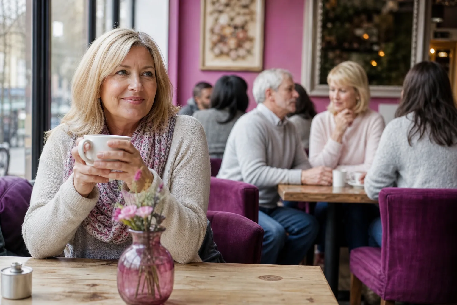 Widowed woman using a dating site at home with a cup of tea