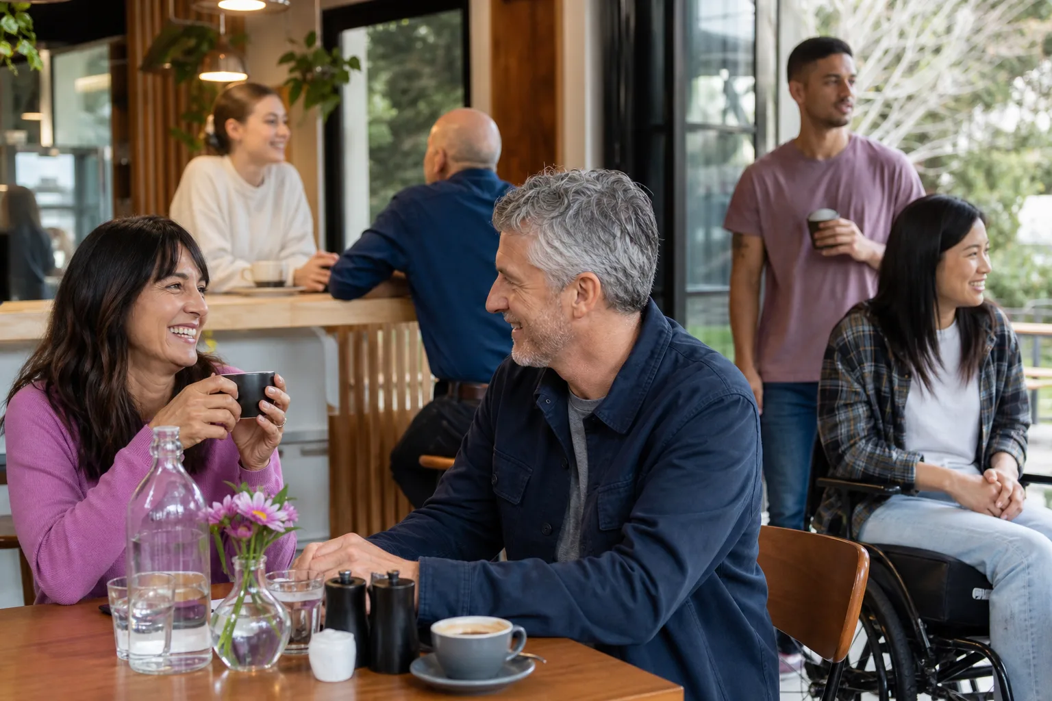 Two people talking over coffee at a café in Kent