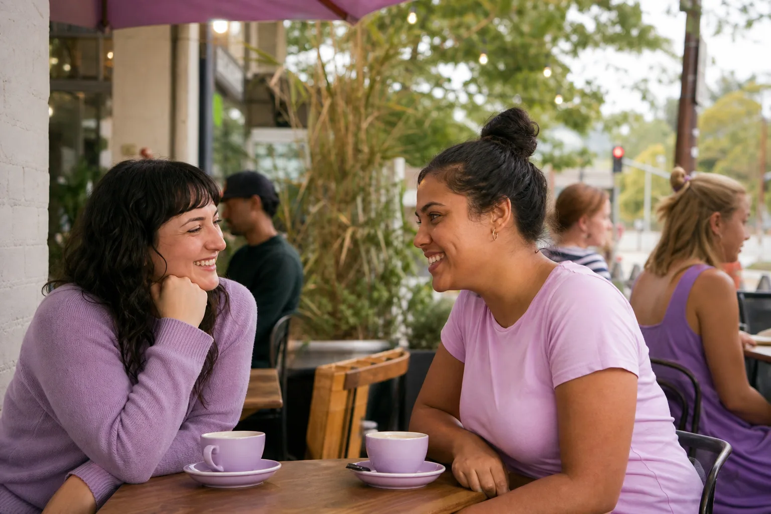 Two adults talking over coffee in a relaxed Kent café