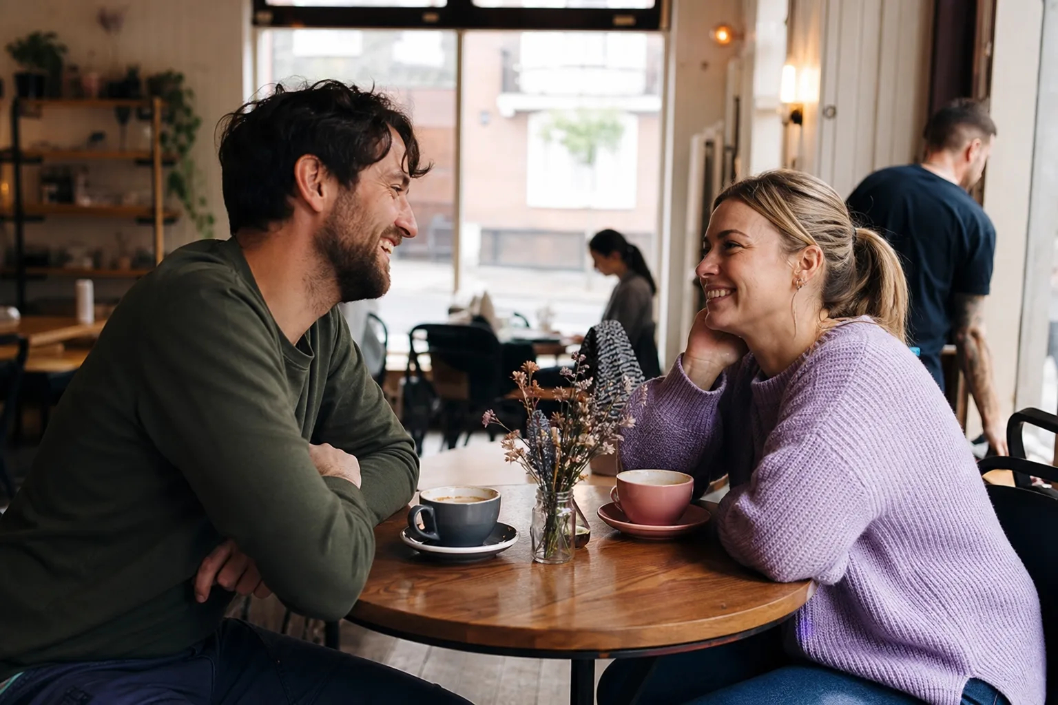 Two people talking over coffee in a Kent town centre