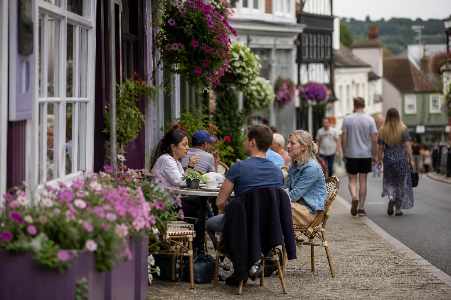 Two people talking over coffee near The Pantiles in Tunbridge Wells