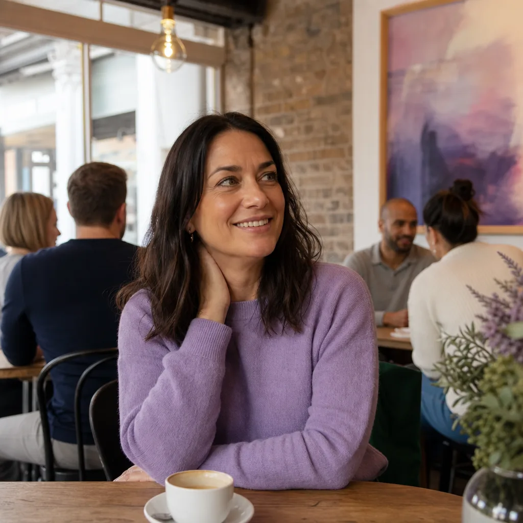 Woman writing a friendly dating bio with notes about her Kent interests