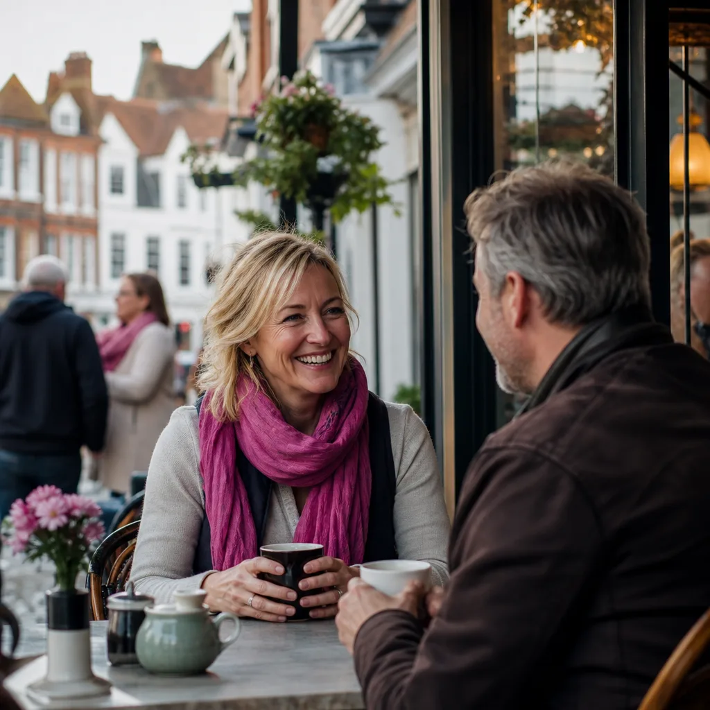 Two adults talking over coffee in a relaxed Kent café