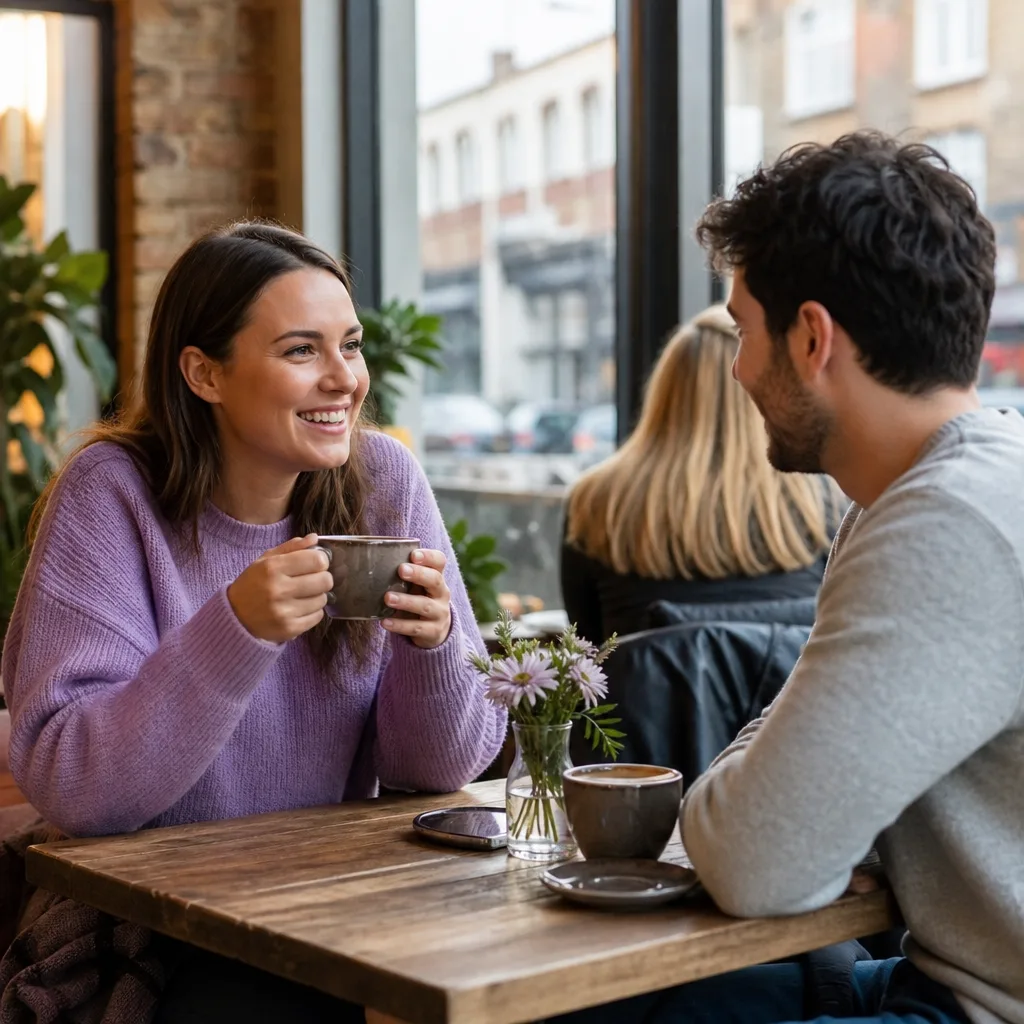 Two adults talking at an outdoor table in Canterbury