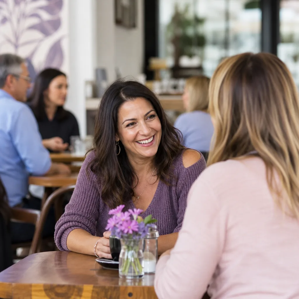 Two adults meeting at a busy café near a Kent railway station