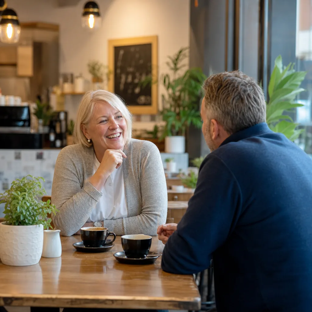 Two older adults meeting for coffee in a bright public cafe