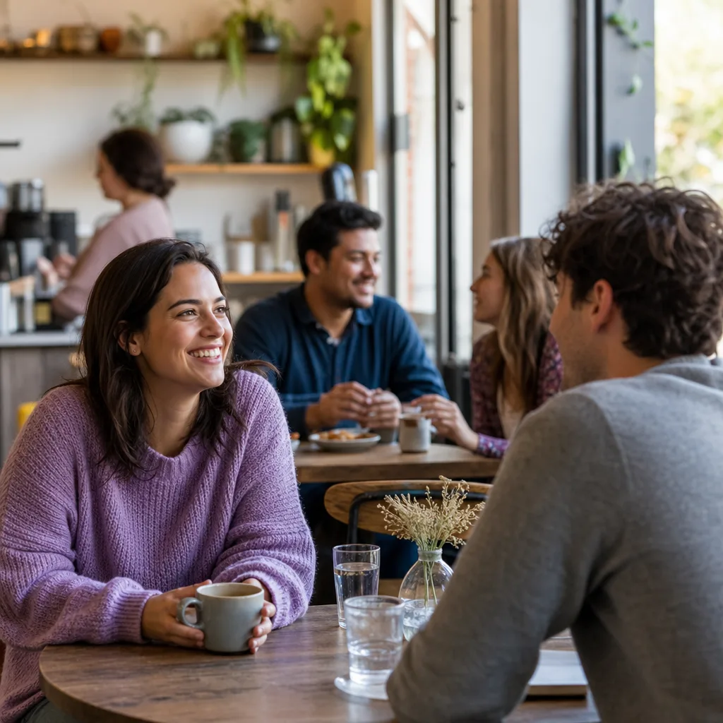 Adults meeting in daylight outside a busy Canterbury café