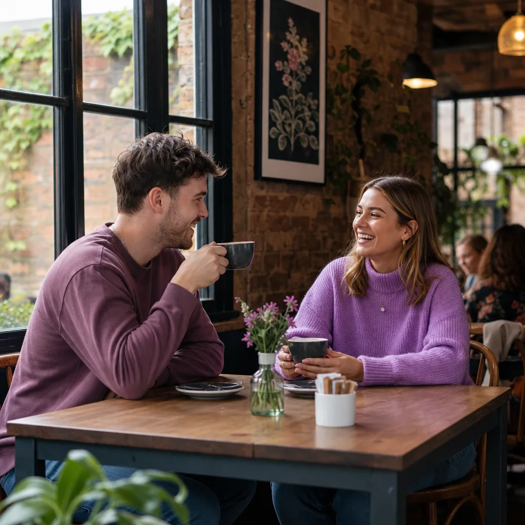 Two people having coffee at an outdoor table in a Kent town centre