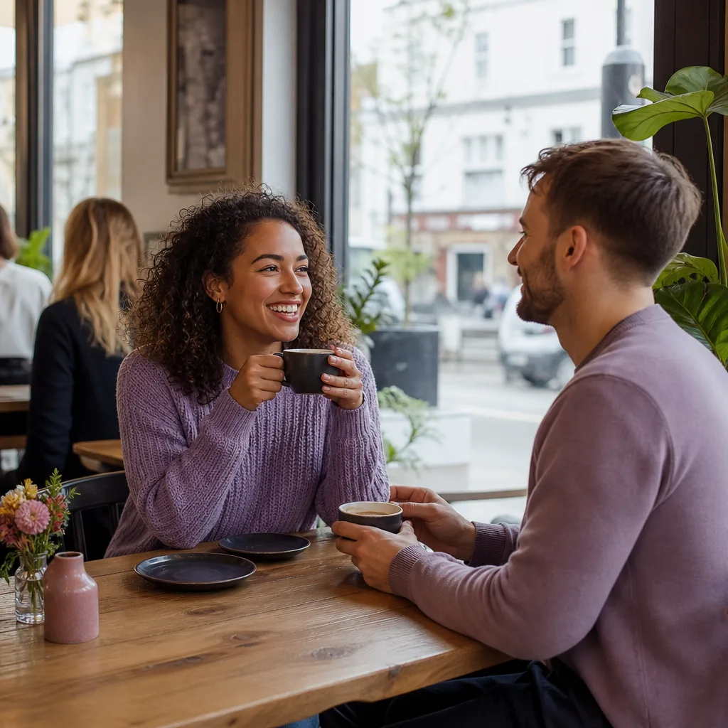 Two adults meeting at a busy café near Rochester High Street